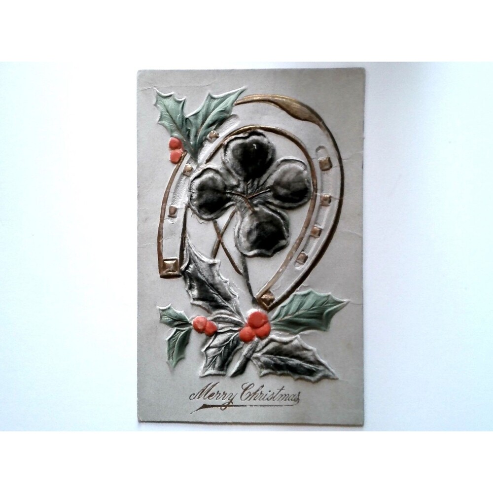 Antique Embossed Christmas New Year Postcard Horseshoe Fabric Clover Holly